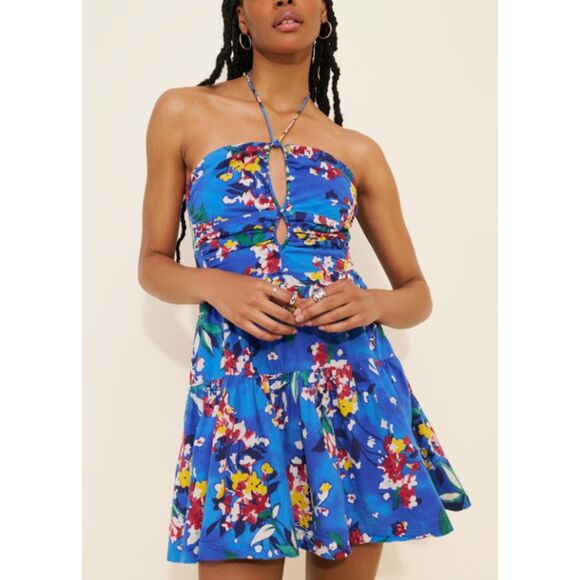 Anthropologie Emily Halterneck Mini Dress Tropical Keyhole Large - Picture 2 of 11